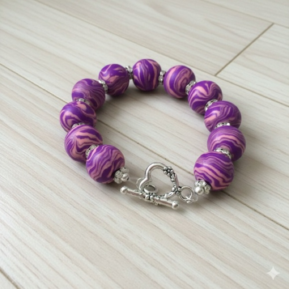 Unique Artisan Purple Marble-Look Beaded Bracelet with Rhinestone Spacers - Picture 8 of 11